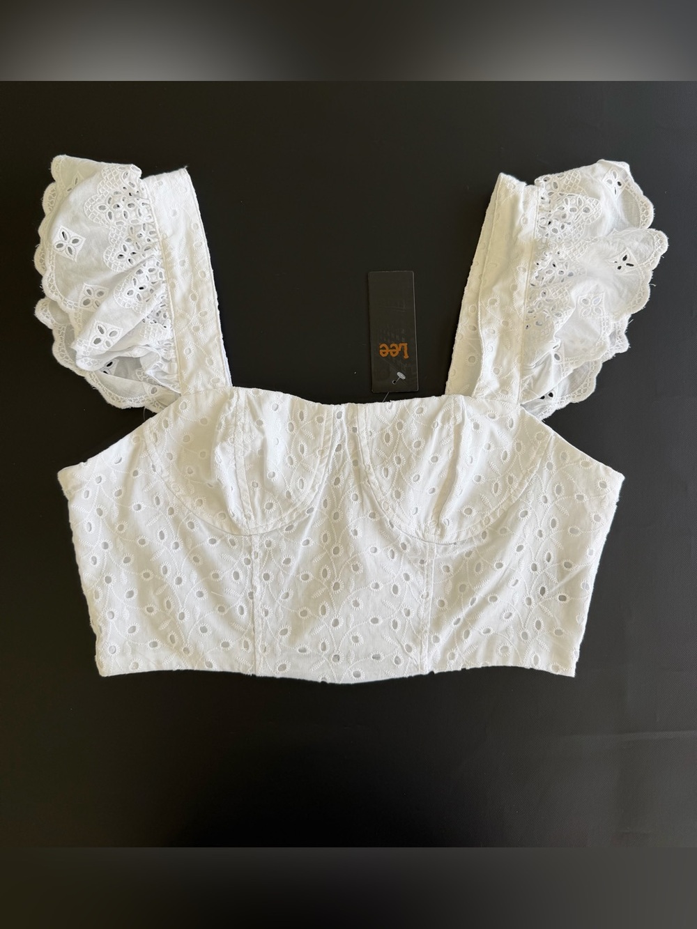 Lee White Eyelet Ruffle-Strap Cropped Bustier